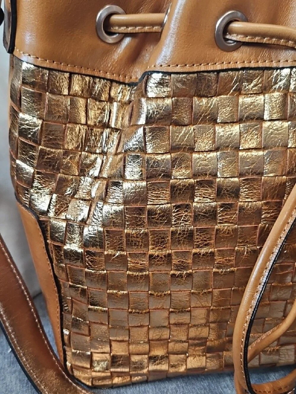 Patricia Nash Metallic Gold Woven Drawstring Hobo Bah NWT